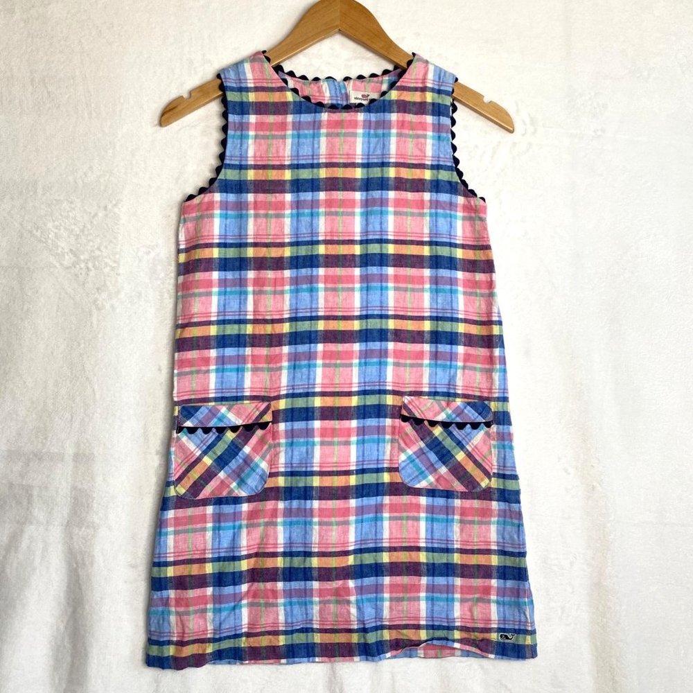 Vineyard Vines Girls Size 14 Shift Dress Linen Plaid Sleeveless Blue Pink